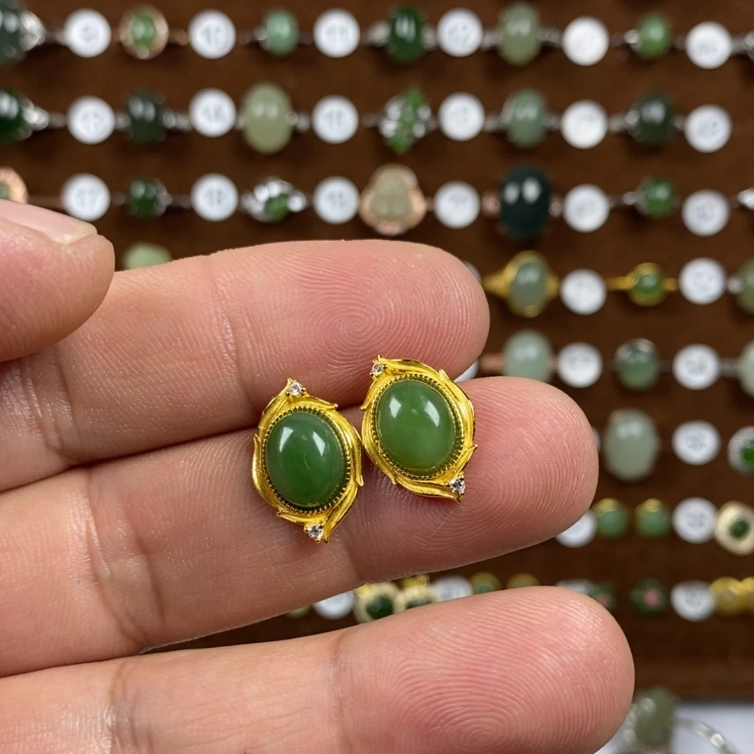 和田玉（碧玉）戒指银S925镀金镶嵌