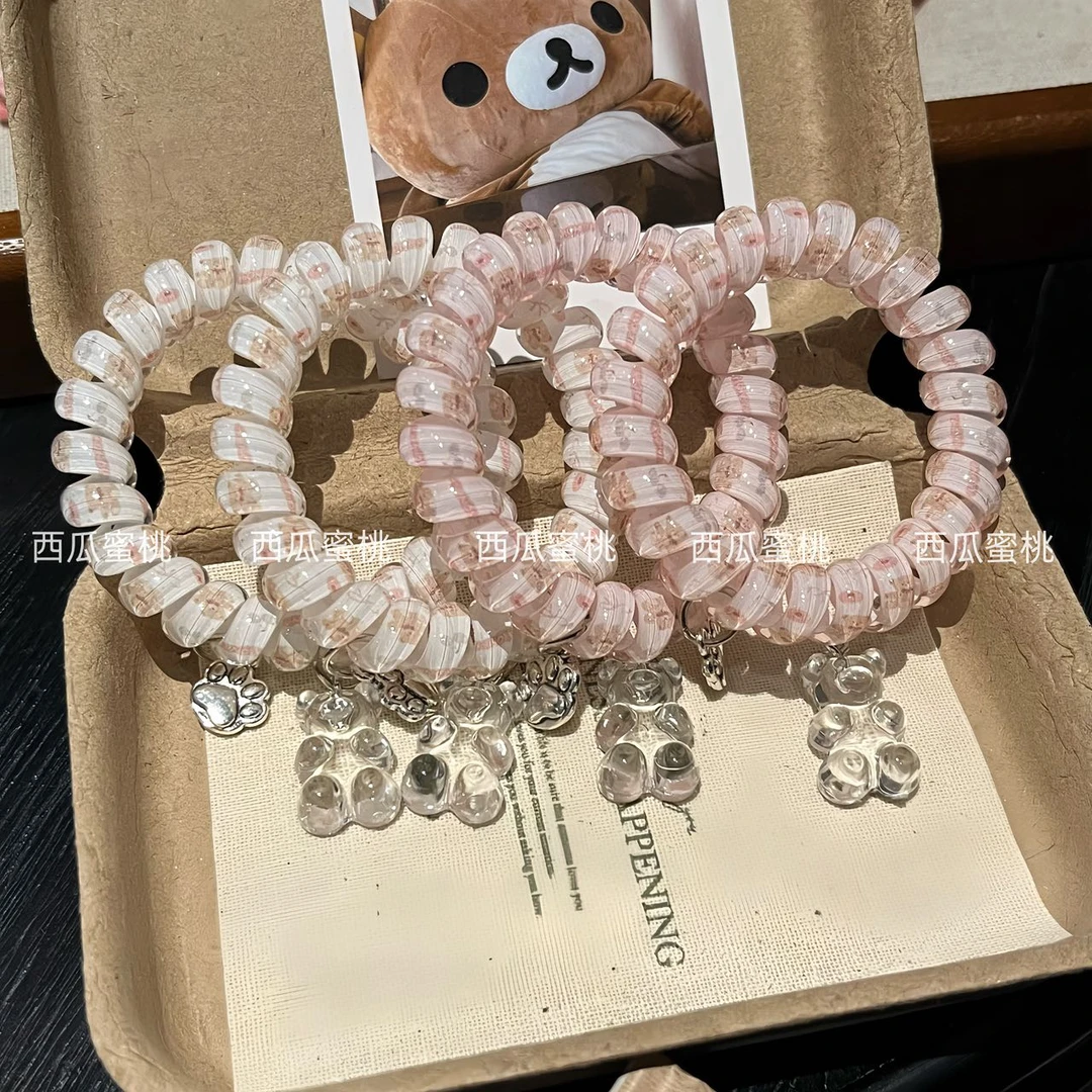 粉嫩小熊电话线清新发圈卡通可爱甜美少女ins发绳发饰头绳闺蜜