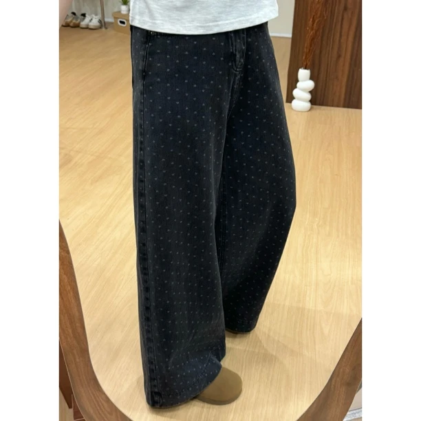 【燃燃定制】150小个子秋季新款爱心波点牛仔裤高腰直筒阔腿裤81176