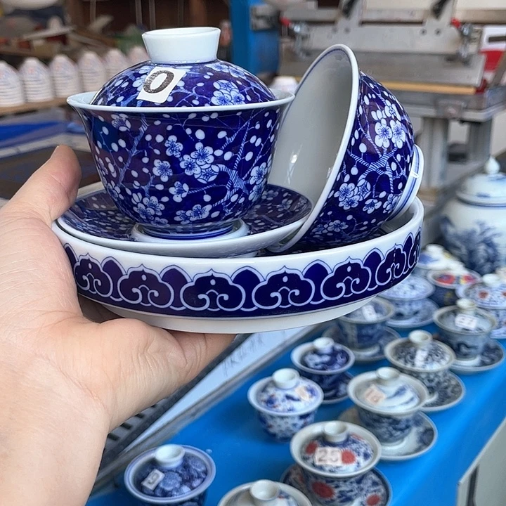 青花釉下彩盖碗杯子壶承