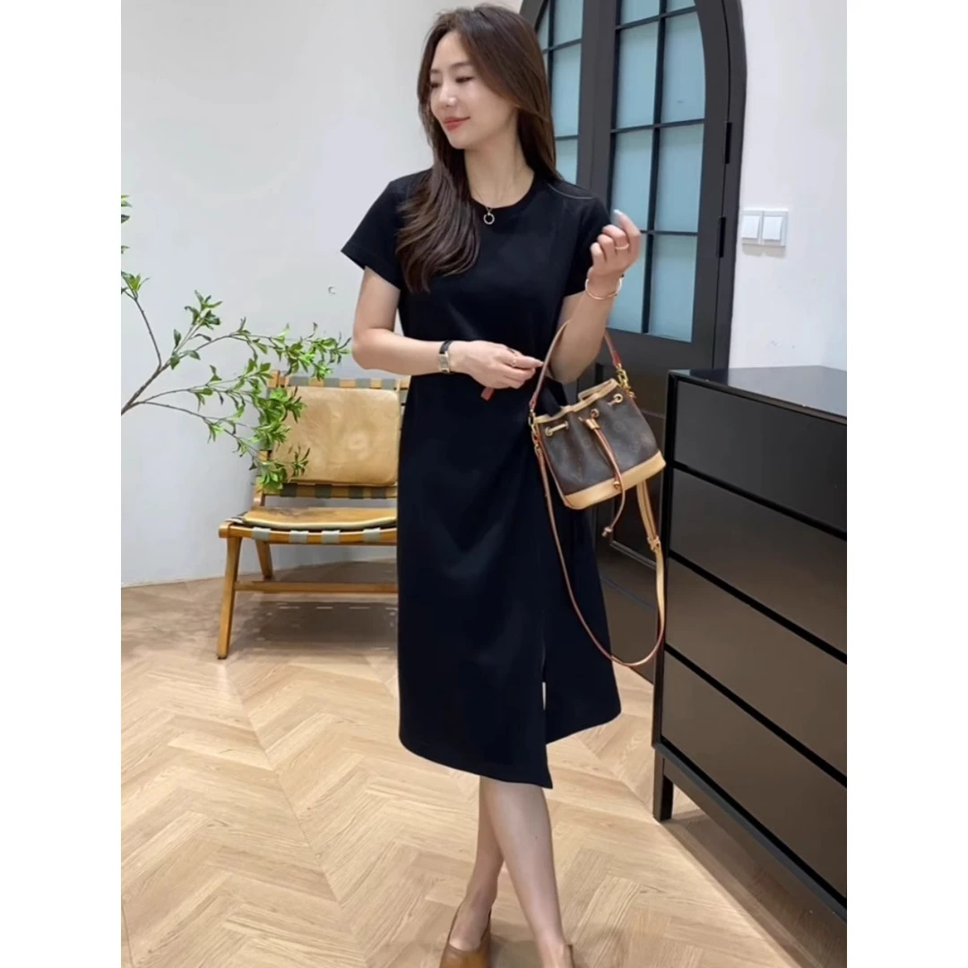 时尚收腰小个子短袖连衣裙女2025新款夏季慵懒风宽松显瘦开叉裙子