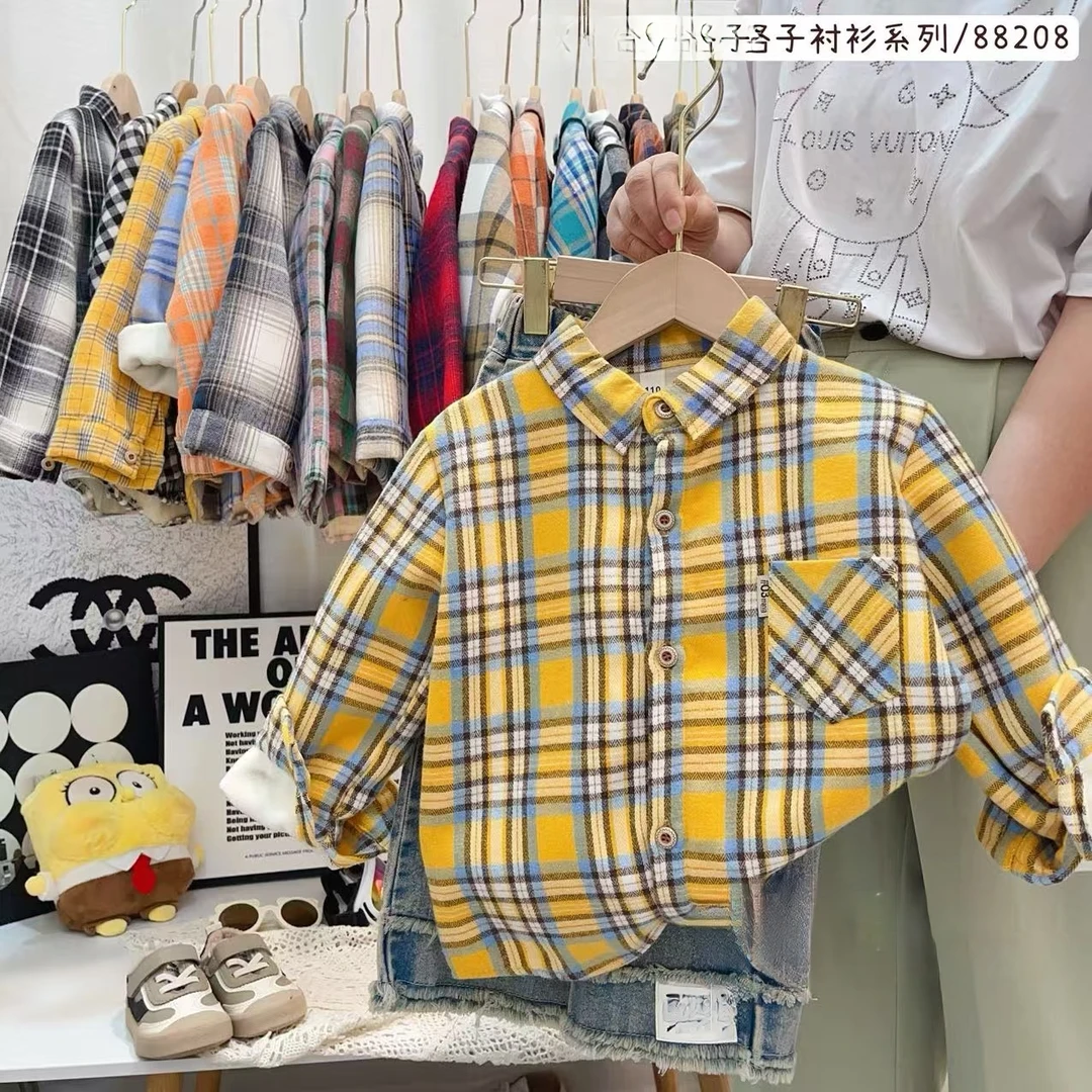 2025年春秋中大童长袖格子加绒加厚衬衣复古风翻领男女童上衣外套