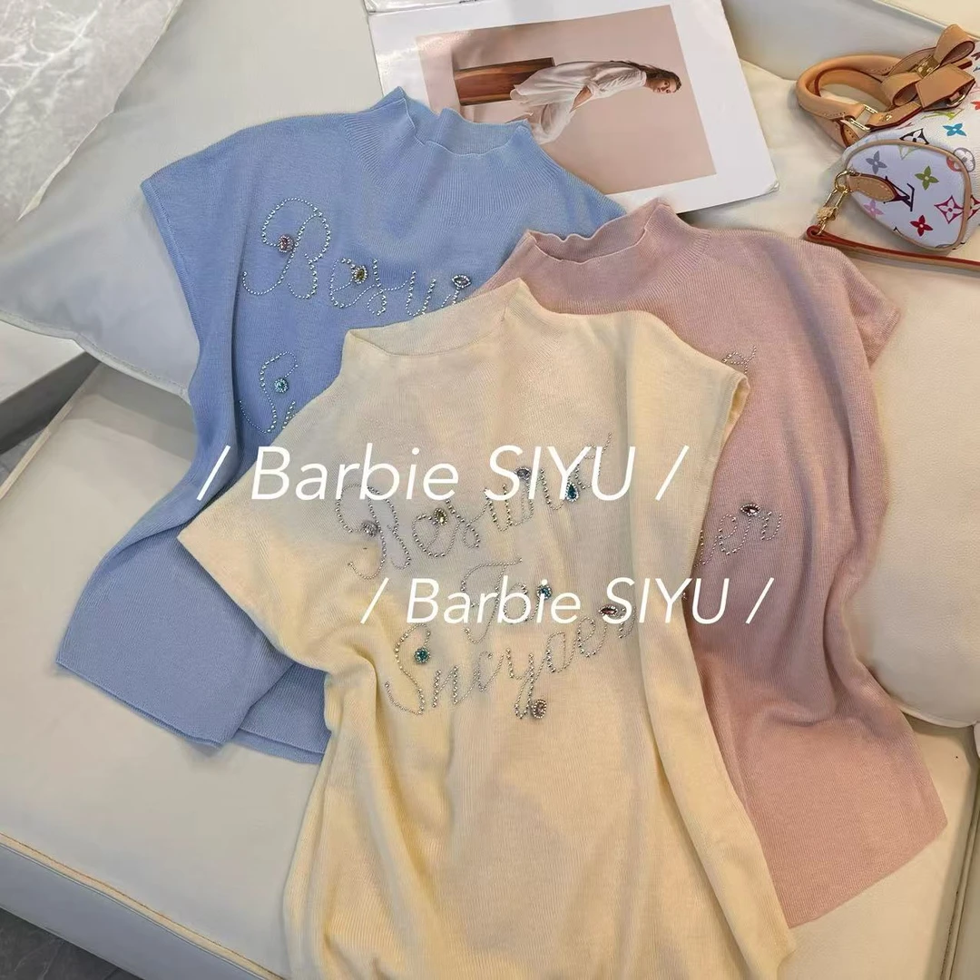 Barbie Siyu【星星小镇】8320 春季字母亮钻设计修身针织打底上衣