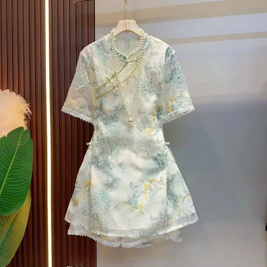 2025新中式刺珍珠蕾丝边开叉盘扣上衣松紧腰短款套装8835
