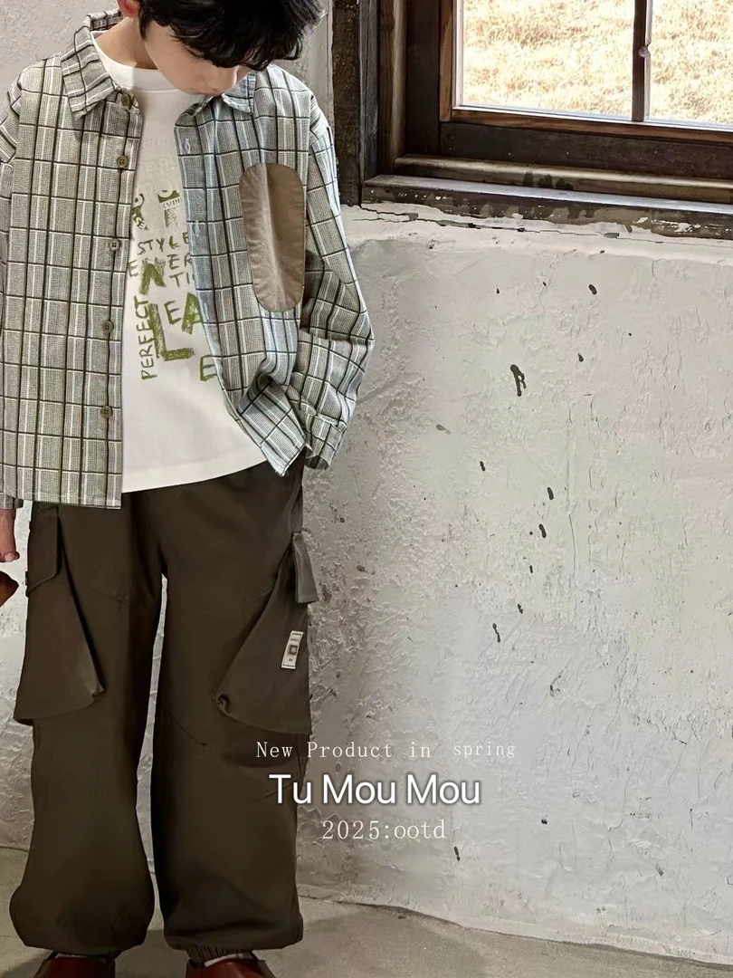 春季男童韩范格子衬衫