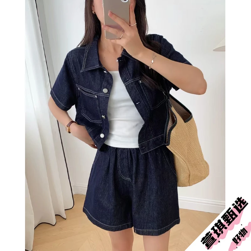 设计感开叉牛仔衬衣时尚套装夏季新款短袖上衣显瘦高腰短裤两件套