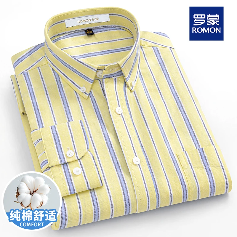罗蒙黄色条纹纯棉男士长袖衬衫轻奢商务衬衣韩版时尚户外休闲男装