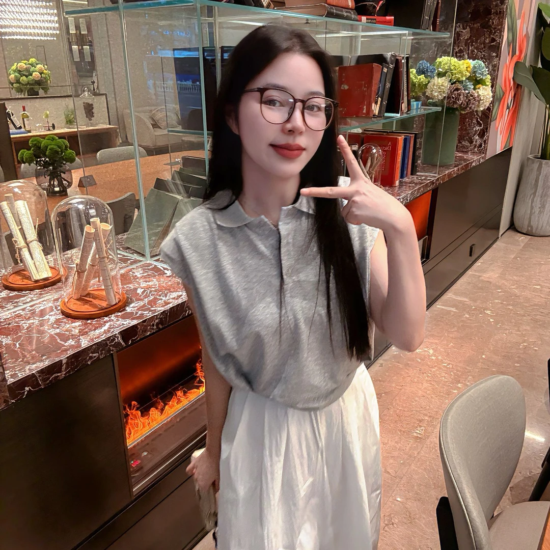 【古古】【学霸卫衣】夏季爽滑过肩袖遮肉显瘦气质POLO领上衣 G25604