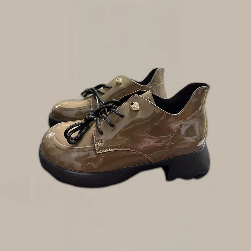 薄款系带秋季中跟胶粘圆头乐福鞋皮鞋女鞋秋冬百搭