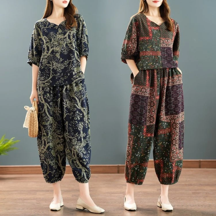 新款夏装印花中袖套装中年妈妈装民族风碎花大码宽松棉麻两件套女