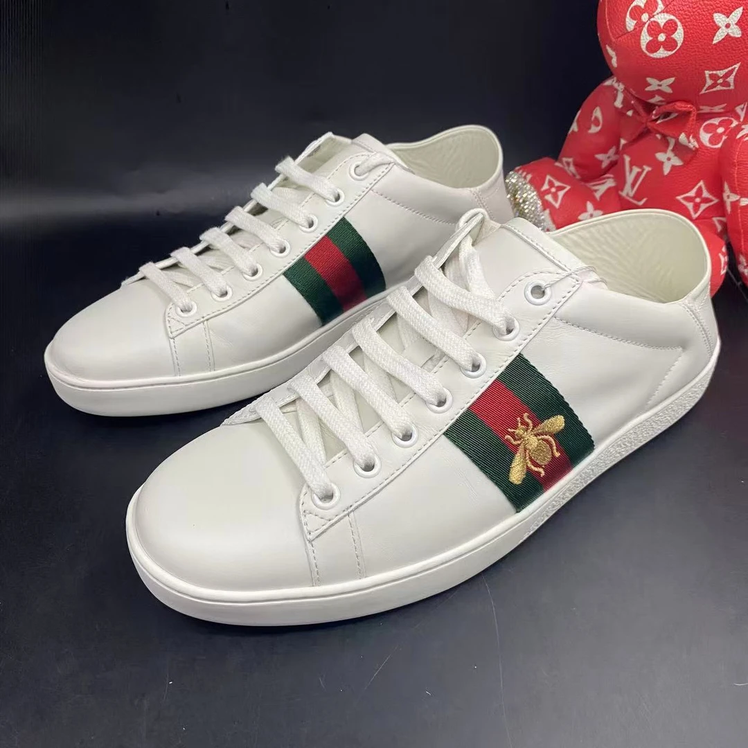 95新 GUCCI/古驰 白色小蜜蜂ACE时尚半拖板鞋38.5欧码ddm2278