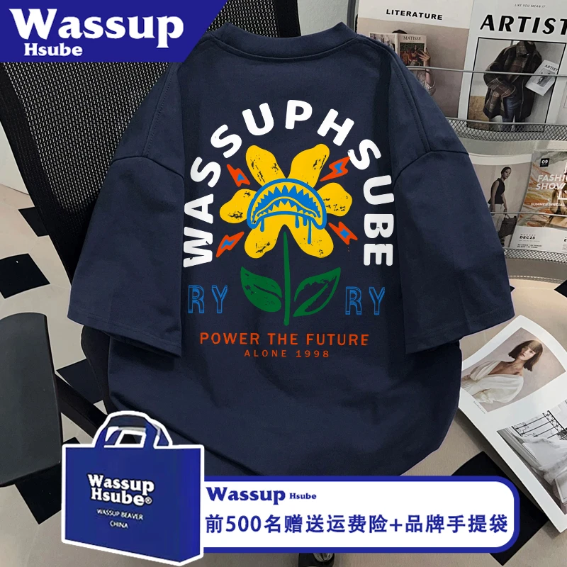 WASSUP HSUBE卡通向日葵印花T恤ins藏青色男女款上衣夏季纯棉短袖