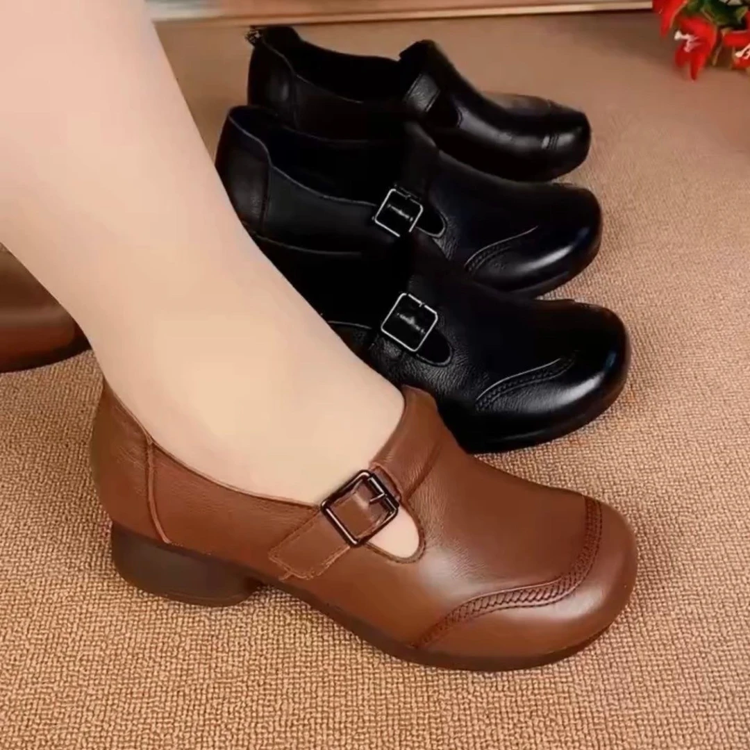 复古女鞋真皮软底单鞋通勤头层牛皮舒适妈妈百搭春秋防滑新款皮鞋