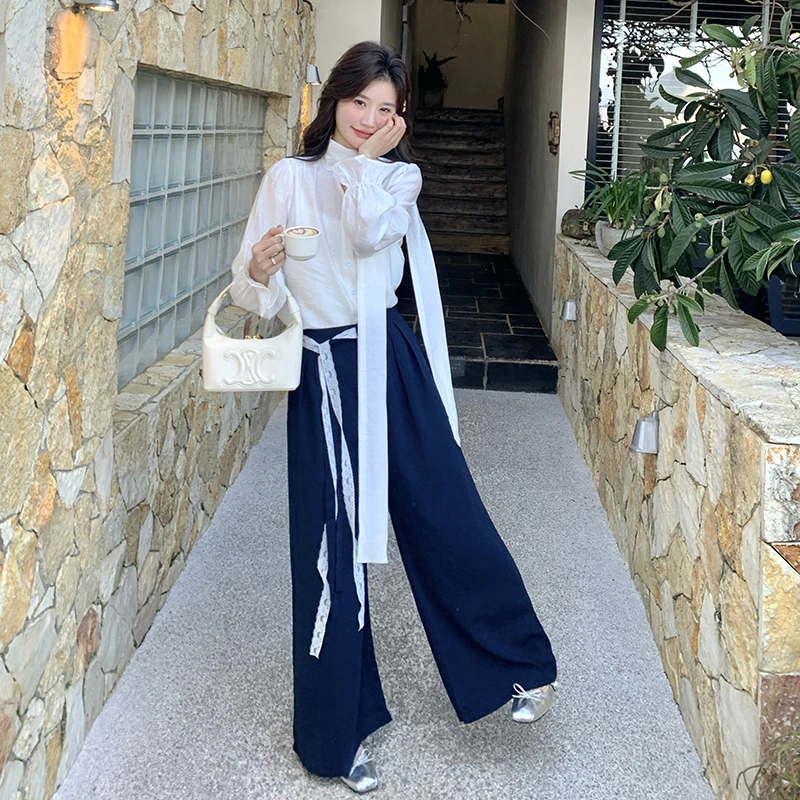 miu系千金风蕾丝飘带阔腿裤套装女2025春夏新款气质高冷范两件套