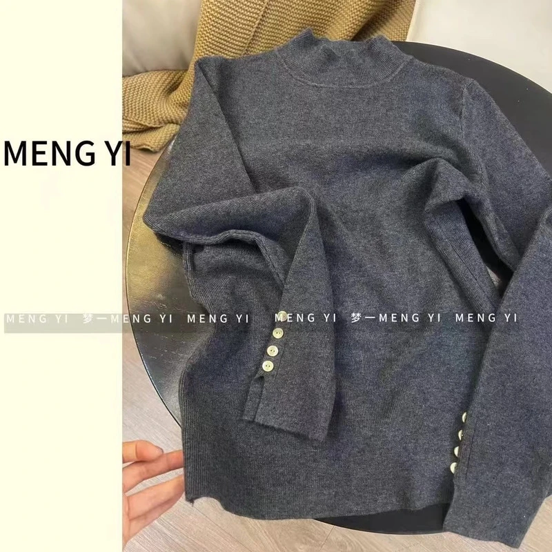 XR-袖口带扣灰色半高领长袖打底衫