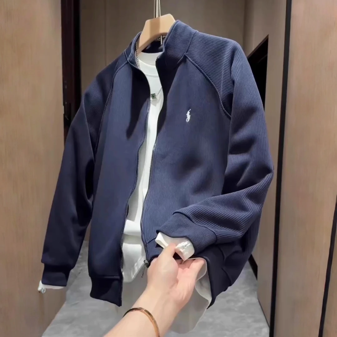 潮牌宽松百搭卫衣男士2026秋冬新款针织刺绣立领夹克休闲上衣外套