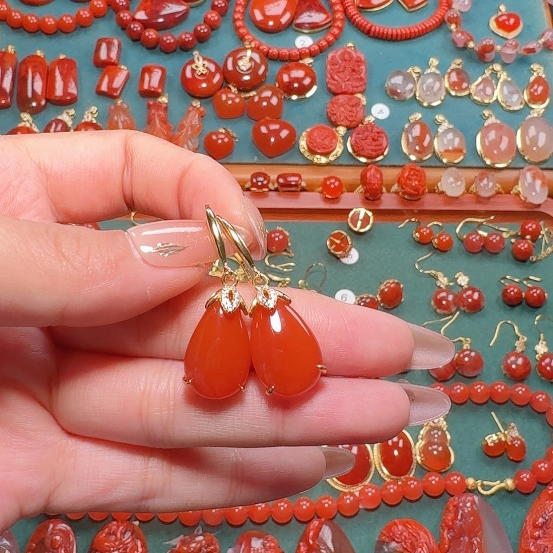 南红玛瑙银S925镶嵌耳饰