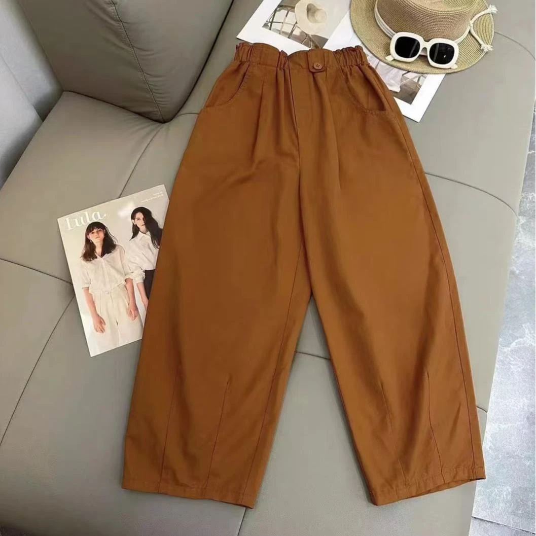2025夏新款 垂感休闲哈伦松紧腰时尚斜口花苞腰镰刀裤九分裤1091