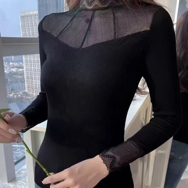 女半高领蕾丝黑色蕾丝半高领T恤修身网红秋冬针织