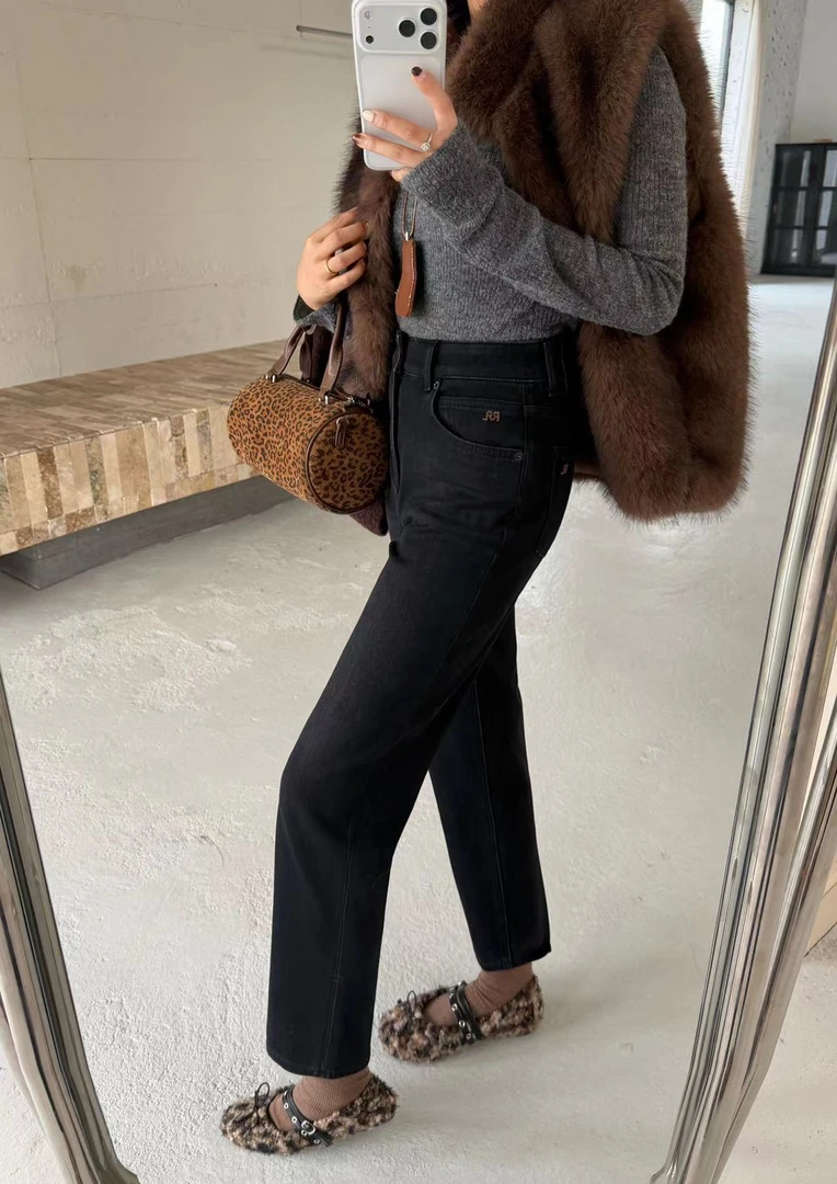 卡布86167A加绒牛仔裤女2025冬新款直筒裤高腰磨毛九分黑色蛋卷裤