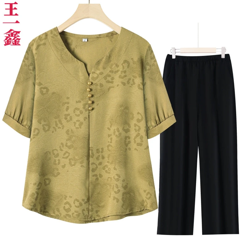 洋气妈妈夏装衬衫+裤套装显瘦夏季时尚宽松T恤中老年女装大码上衣