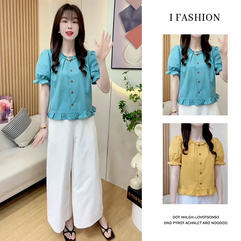 时尚圆领短袖衬衫女2025年夏季新款木耳花边纽扣百搭减龄显瘦上衣