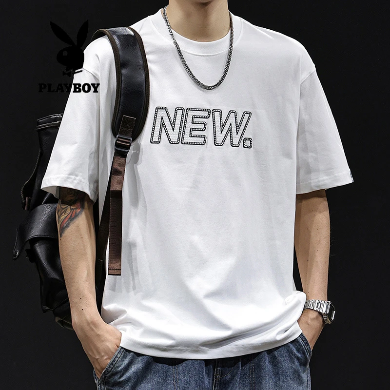 PLAYBOY/花花公子字母短袖T恤男夏季圆领美式休闲印花打底衫潮流