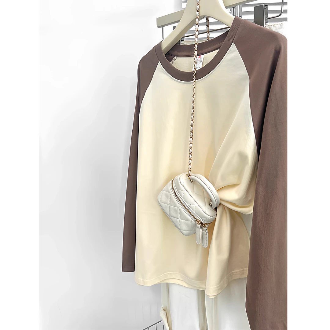 纯棉插肩袖长袖t恤女秋季2025新款正肩撞色宽松显瘦上衣拼色体恤