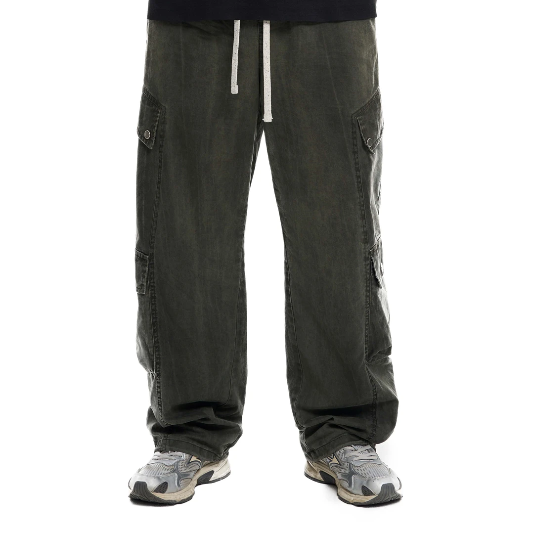 「纯棉工装裤休闲裤裤子」夏季美式复古高腰宽松直筒裤松紧腰