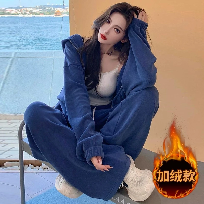 高级感秋冬加绒加厚卫衣套装女显瘦连帽百搭休闲运动服两件套潮