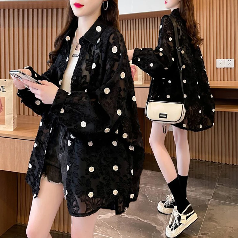 大码女装波点薄款防晒衬衫女春秋新款韩版宽松百搭长袖防晒衫上衣