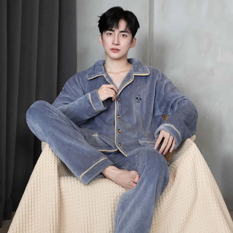 法兰绒秋冬季睡衣加绒珊瑚加厚男士保暖家居服套装长袖冬天