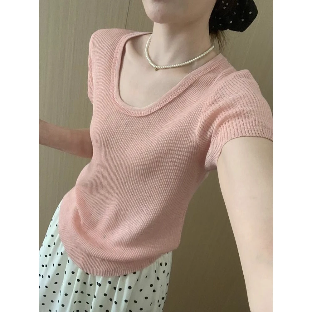 简约风U领冰麻短袖2025春季新款韩版修身显瘦休闲减龄上衣T恤女装