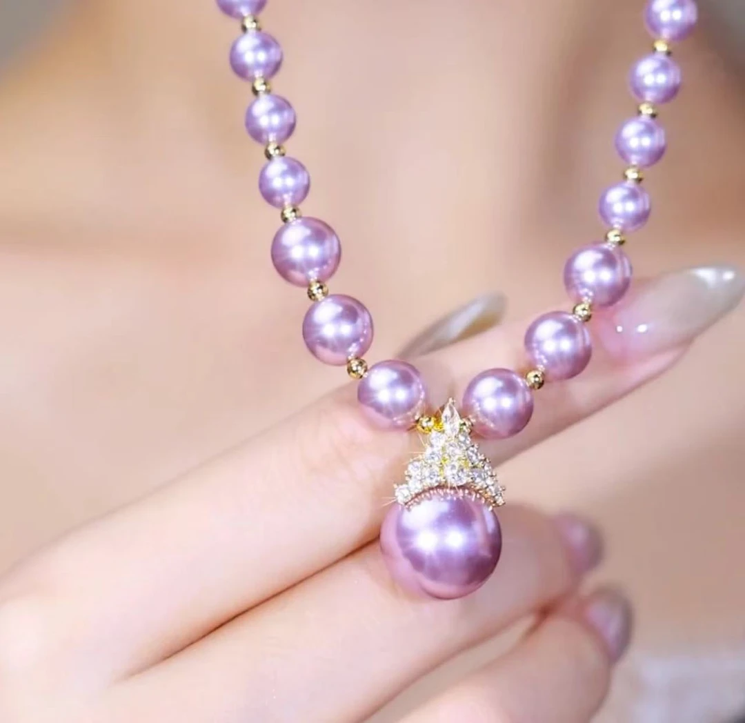非金属玻璃项链 法式吊坠珠珠气质皇冠项链颈链女紫罗兰珠饰品