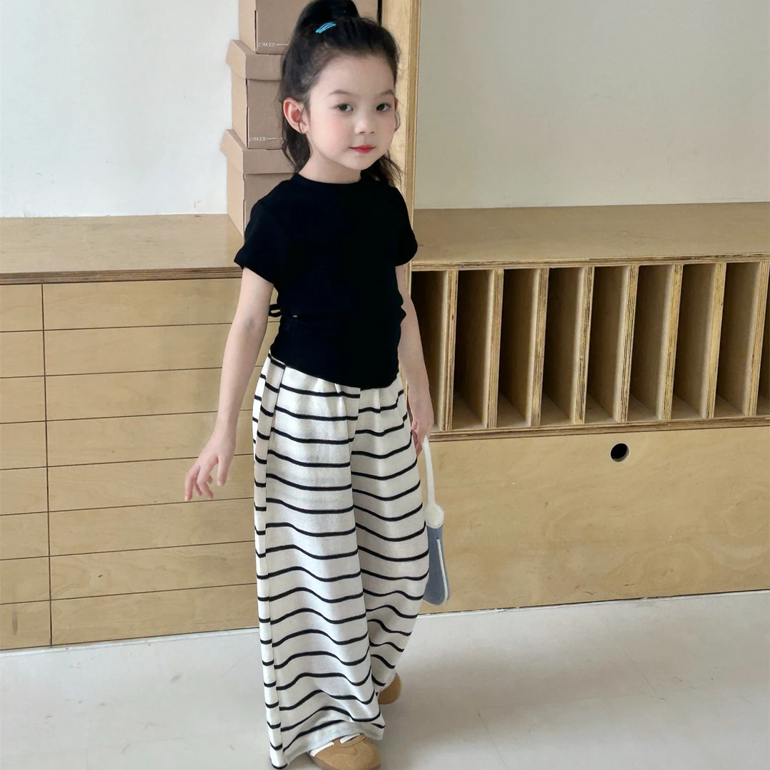 小思家女童露背系带上衣2025夏季辣妹短袖T恤时髦宽松阔腿裤套装