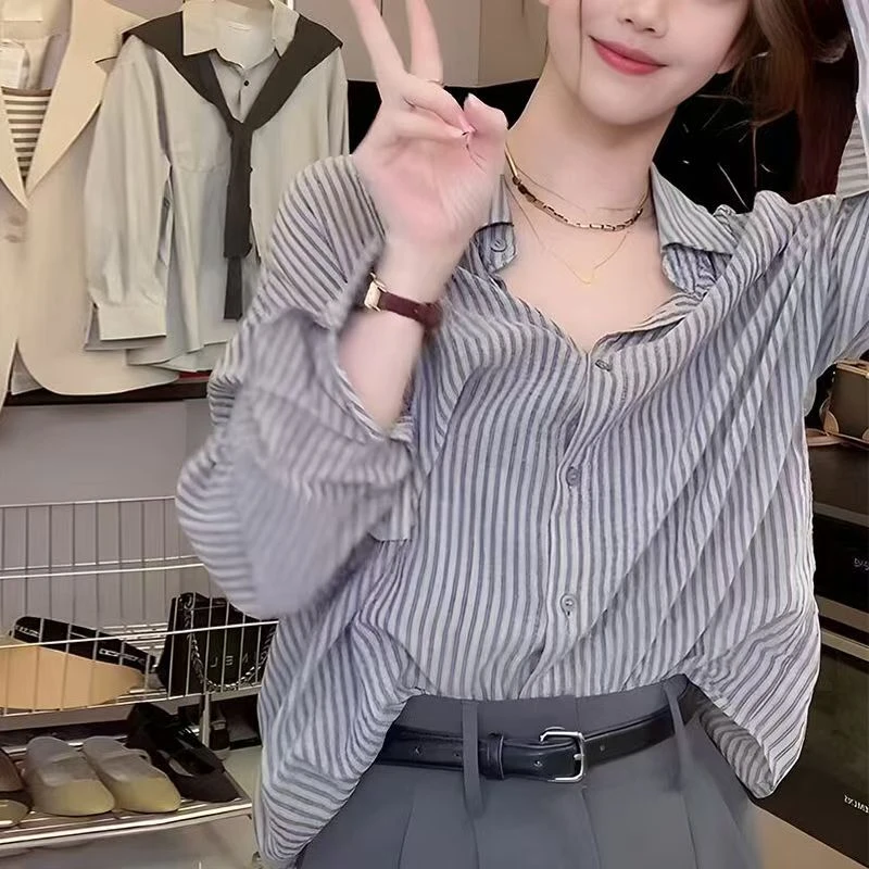 小清新条纹衬衫女春季新款韩系少女感宽松慵懒风休闲长袖衬衣学生