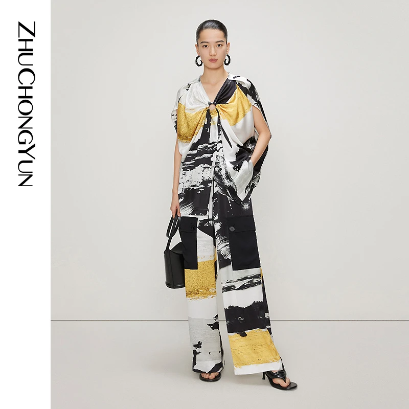 ZHUCHONGYUN2022夏新款艺术感水墨色块小众真丝宽松阔腿长裤