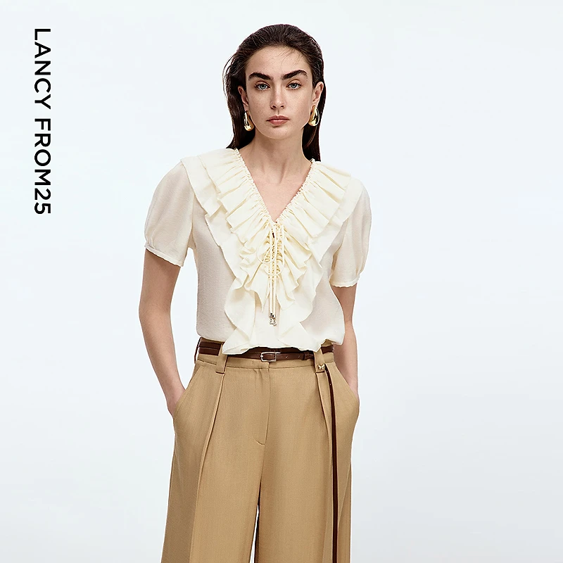 朗姿莱赛尔衬衣上衣荷叶边领气质设计感2025年夏新款白色法式衬衫