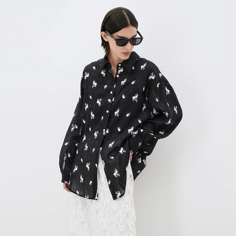 刘刘墨夏季小众设计感苎麻刺绣衬衫宽松长袖防晒时尚衬衣洋气女装