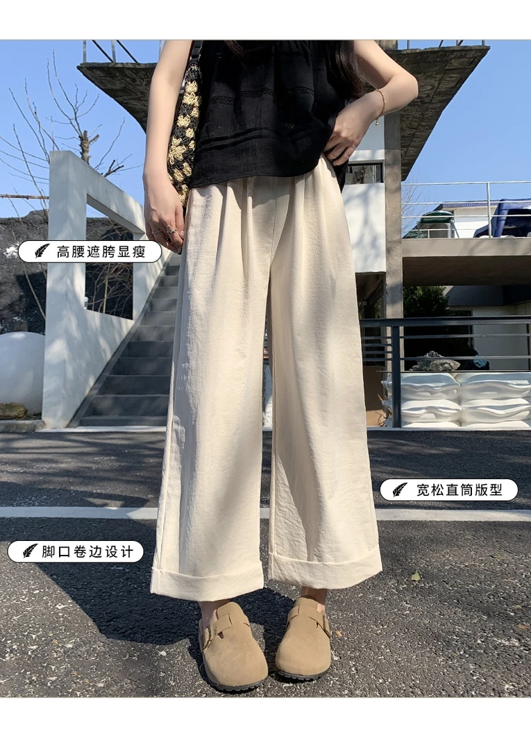 卷边直筒裤短裤口袋休闲裤运动高腰外穿夏季阔腿裤直筒薄款