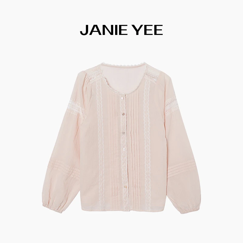 Janie Yee"粉颜" 早春夏减龄100棉休闲宽松蕾丝圆领衬衫 25A0558