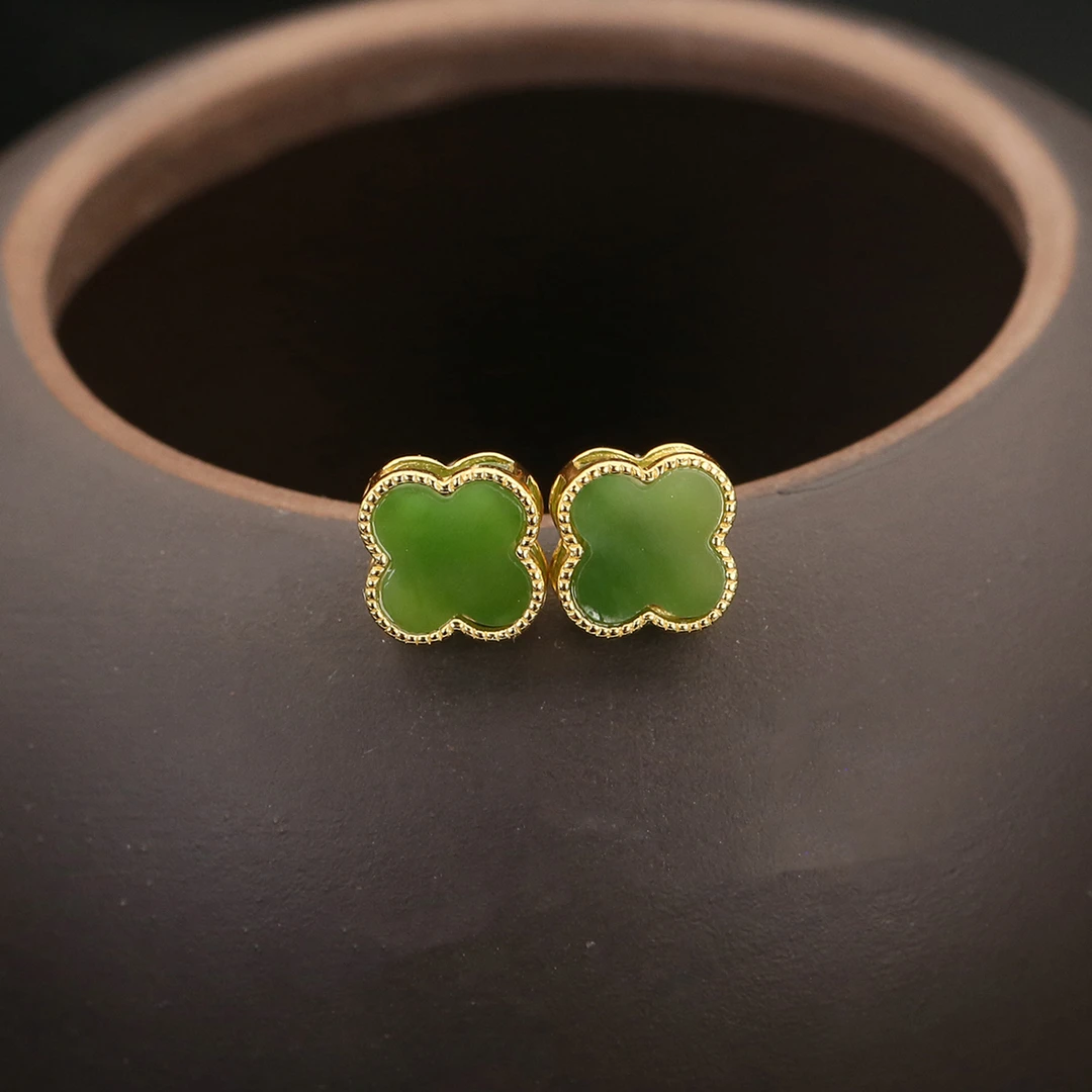 国玉天工s925碧玉四叶草耳环 9*9*3 gytg2695g 多样性发货