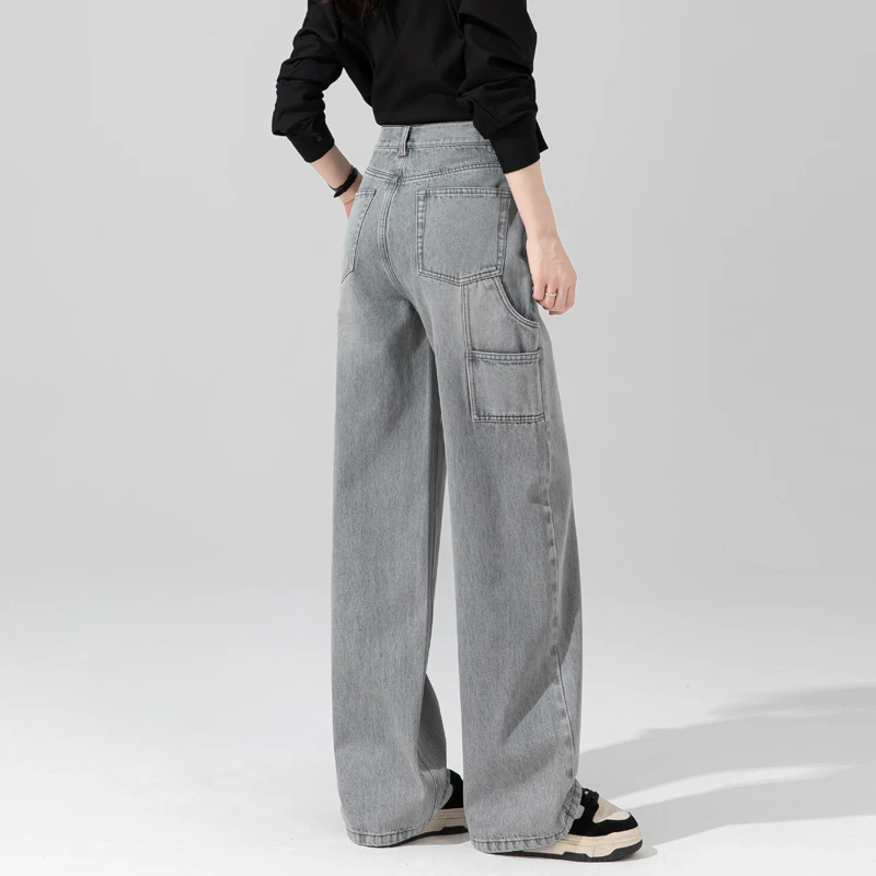高腰工装裤女酷飒风秋季新款直筒裤垂感高级感阔腿裤女灰色牛仔裤