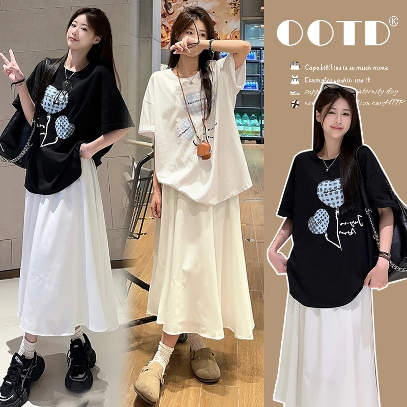 孕妇套装夏季新款时尚韩版洋气减龄爱心印花短袖上衣显瘦半身裙子