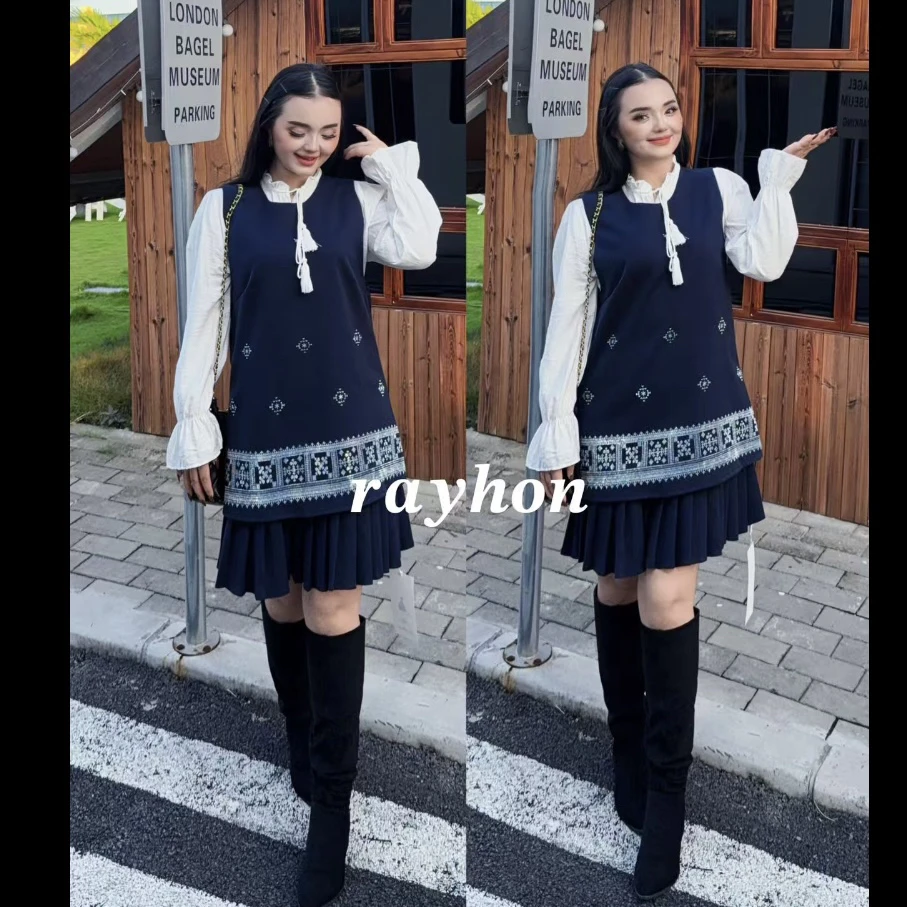 Rayhon新款一套民族风小香风短半裙气质显瘦洋气复古刺绣套装