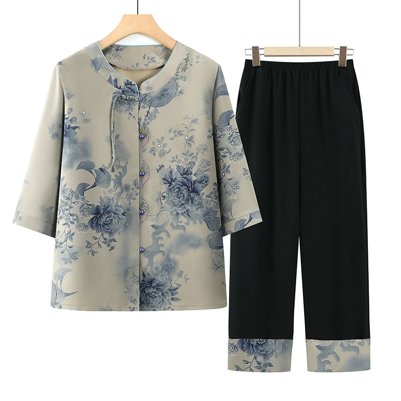 2025中老年新中式国风七分袖套装衣服裤子两件套春夏季奶奶装