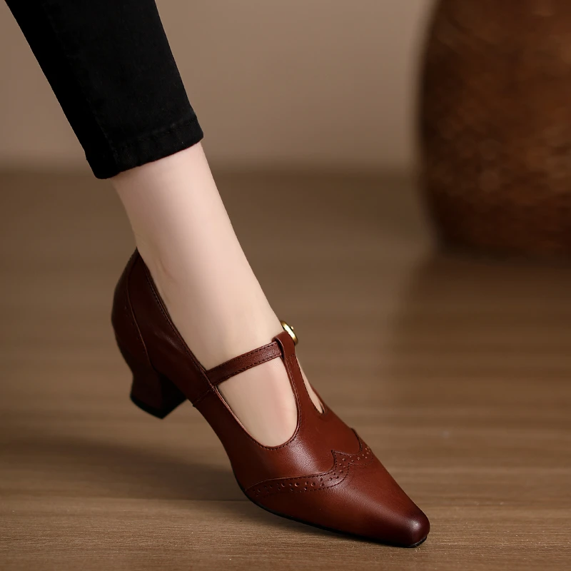 不累脚手工女鞋4cm~法式玛丽珍鞋女2025新款单鞋通勤小方头小皮鞋