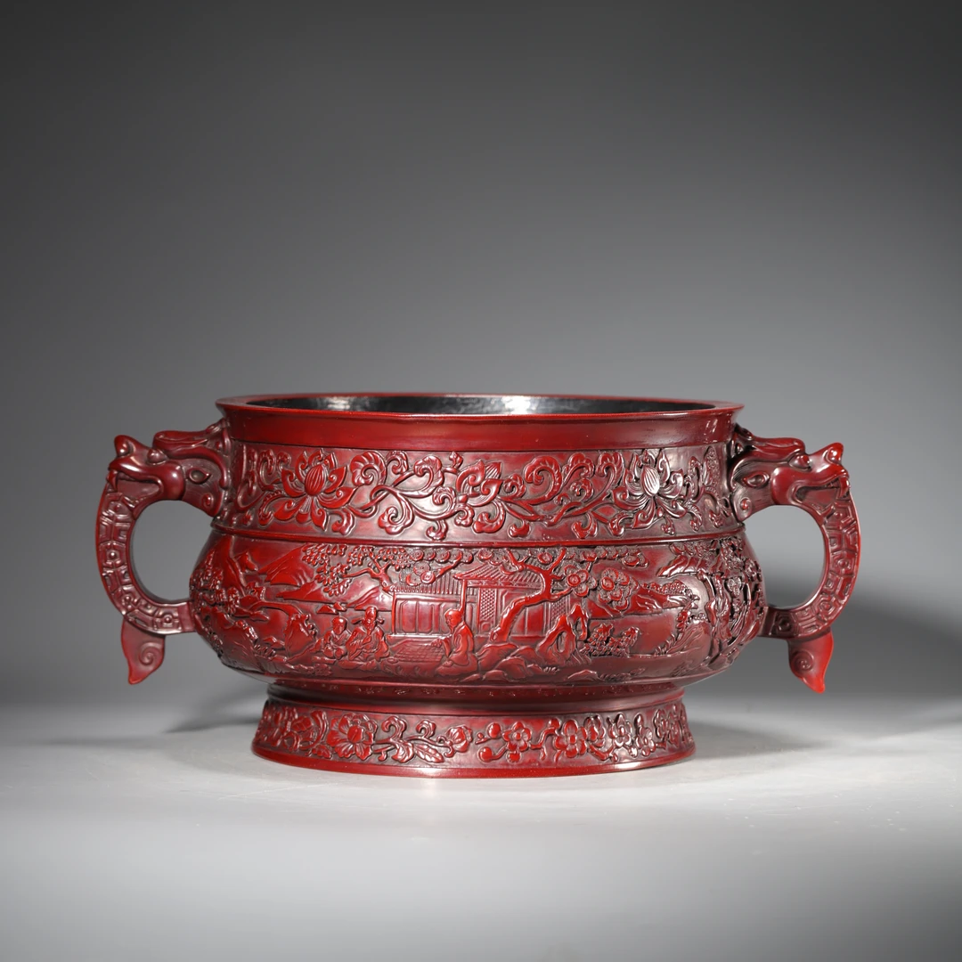 ZH08 清代 大漆剔红双狮耳摆件