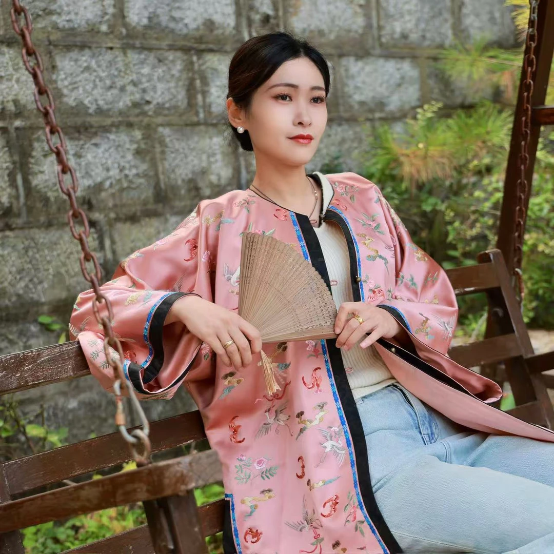 蘇夢【花影幽鹤】浅绯色满绣香云纱圆领对襟上衣中式百搭01031361