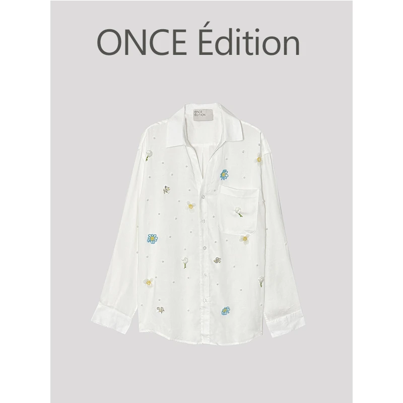 ONCE edit “SunFlower” 小众设计 度假半开领V领雏菊钉珠休闲衬衫